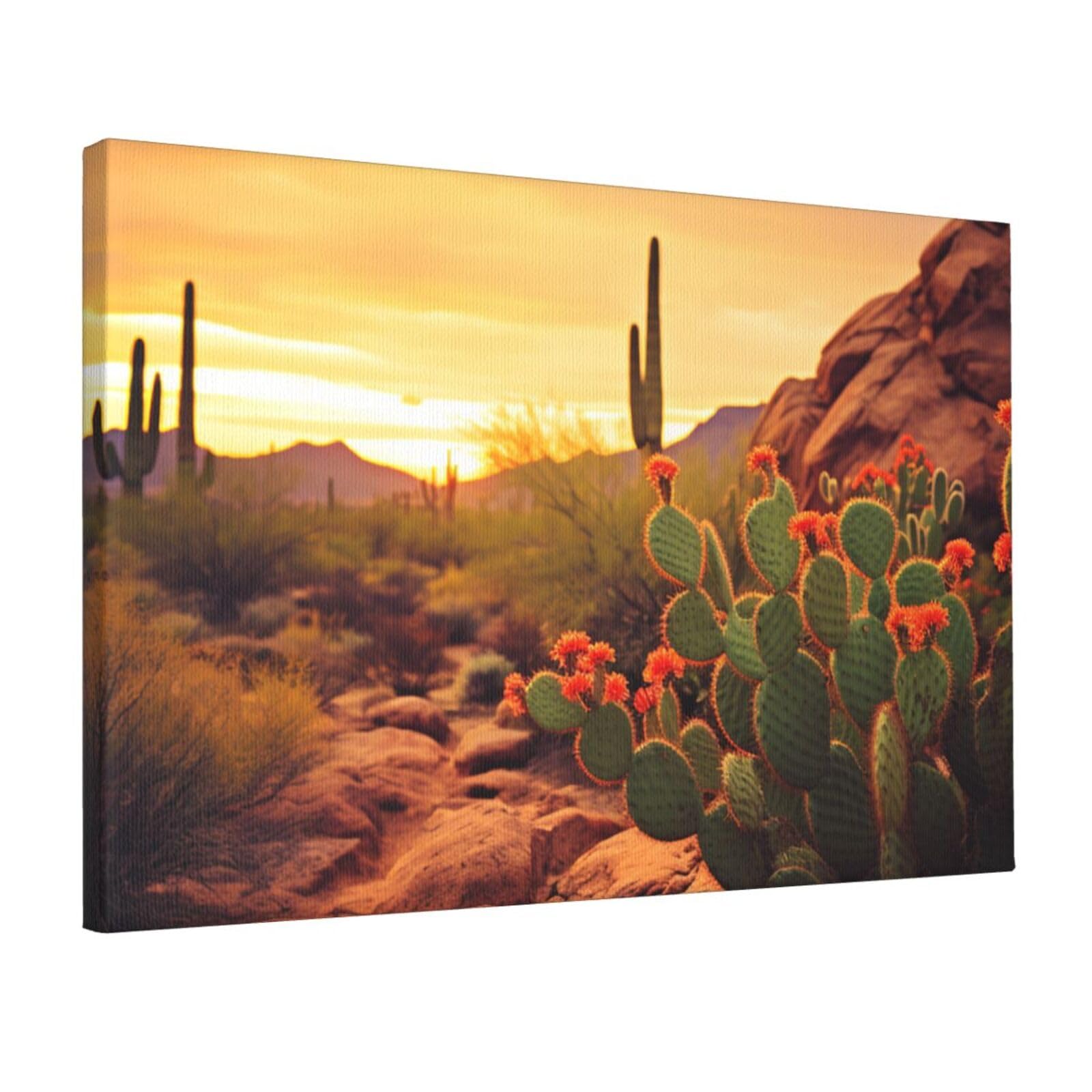 Canvas Wall Art for Living Room Wall Decor 12"x18" Modern Artwork Painting Pictures Hanging Canvas Prints Cactus at Sunset Poster Aesthetic Wall Art for Bedroom Bathroom Office Wallart Decor