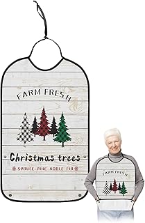 QueenKer Funny Adult Bibs for Eating, Farm Fresh Plaid Christmas Tree Plank Waterproof Clothing Protector Washable Adult Bib with Crumb Catcher for Men Women Elderl and Seniors