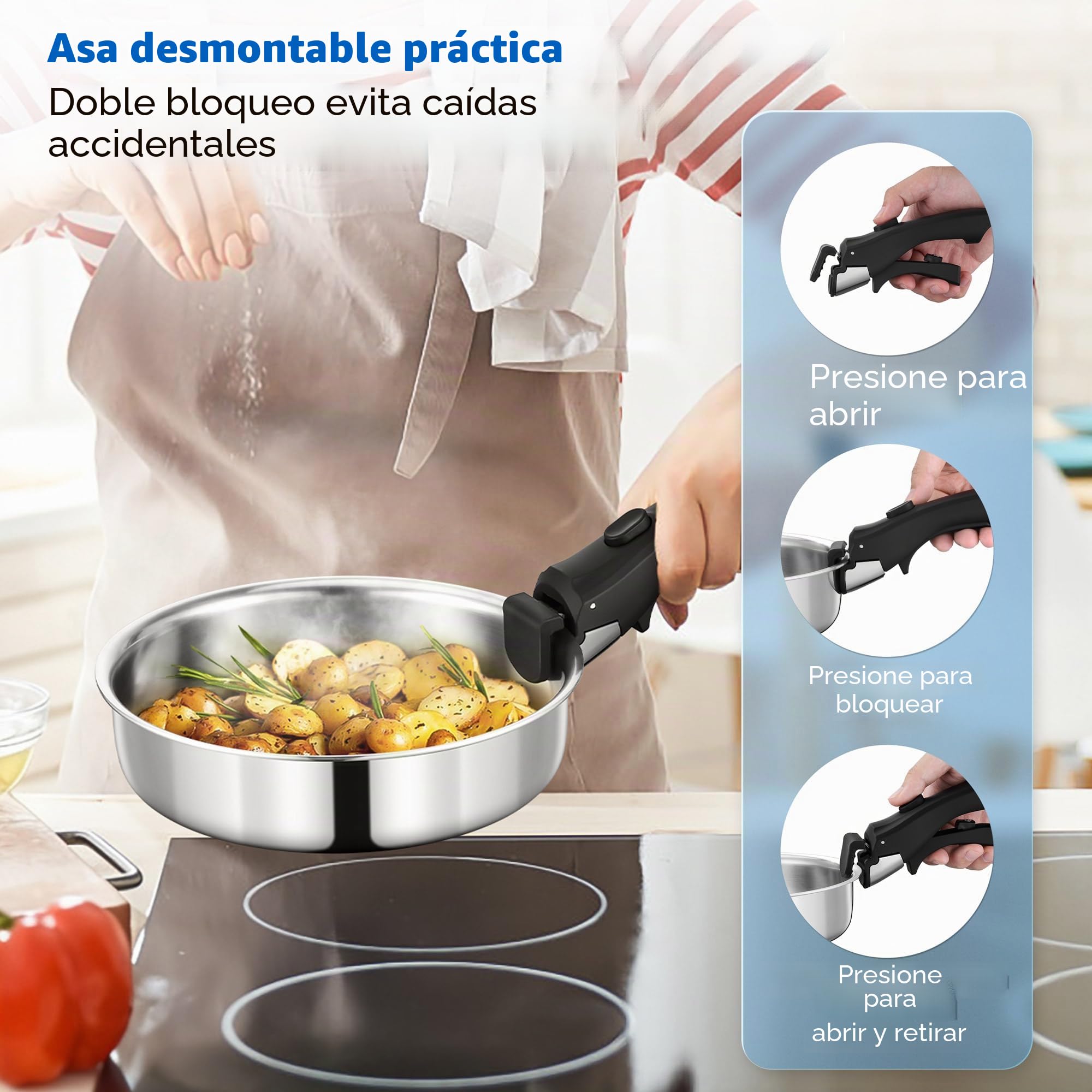 Joyfair Set de ollas, 9 piezas de ollas de acero inoxidable con mango desmontable, juego de sartenes apto para inducción con sartén, olla, olla de cocción lenta y tapa, para todo tipo de cocinas, apto