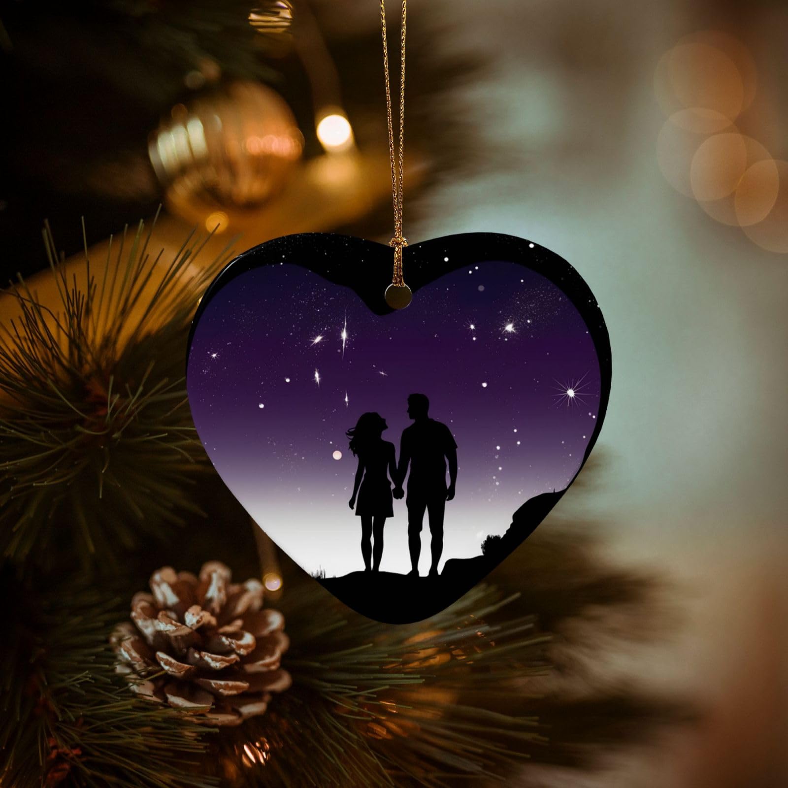 Christmas Tree Ornaments Ceramics Christmas Decorations Space Silhouette Couple Ornaments with Gold Ribbon Porcelain Xmas Tree Crafts Heart Shape Hanging Pendant for Christmas Tree Party Decor