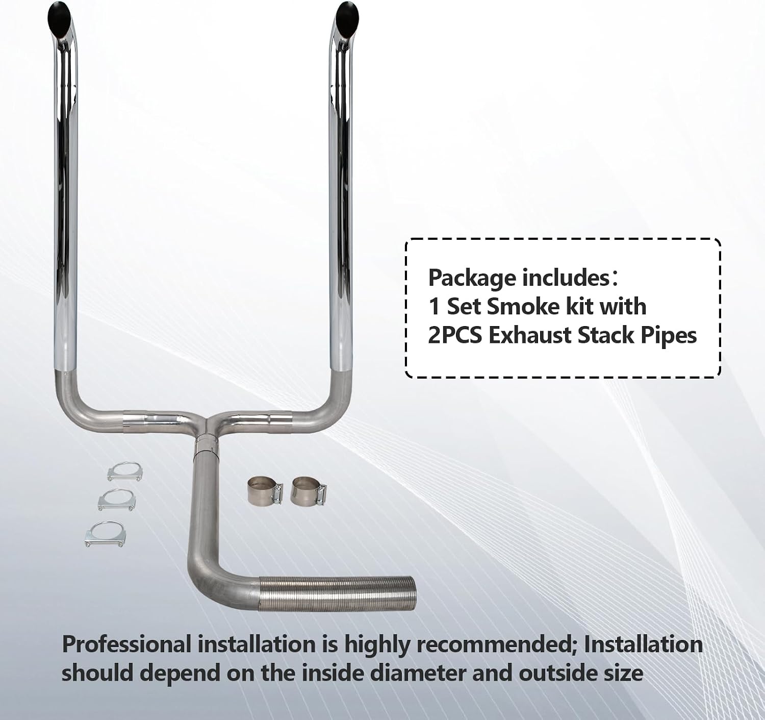 4'' Inch Turbo Dual Smoker Diesel Exhaust Stack T Pipe System with 2Pcs Chrome Curved Exhaust Stack Pipes(4" OD x 60" Long Exhaust Pipe Truck Pipe)