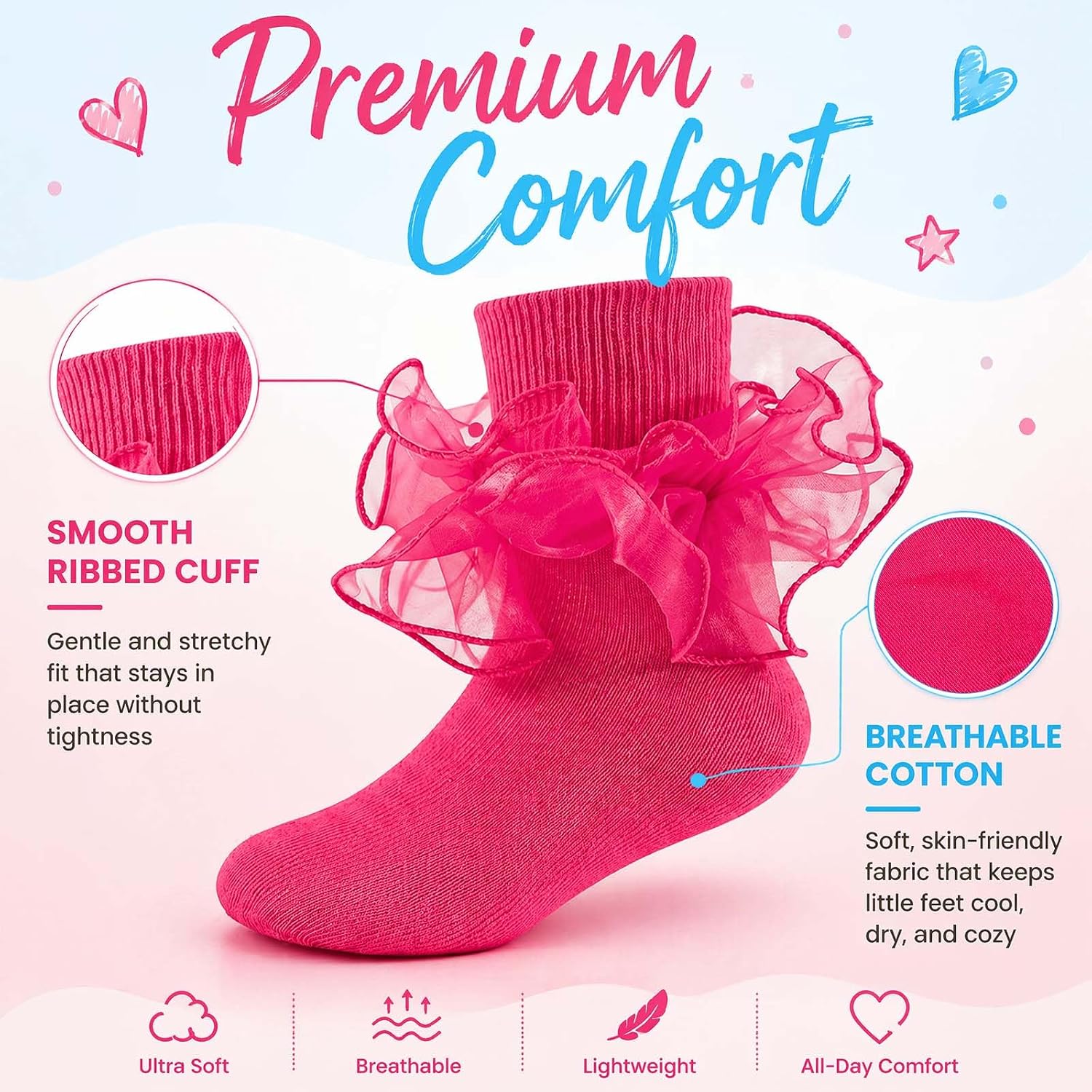Girls Ruffle Socks 2-Layer Lace Frilly Turn Cuff Fancy Dress Socks image 4