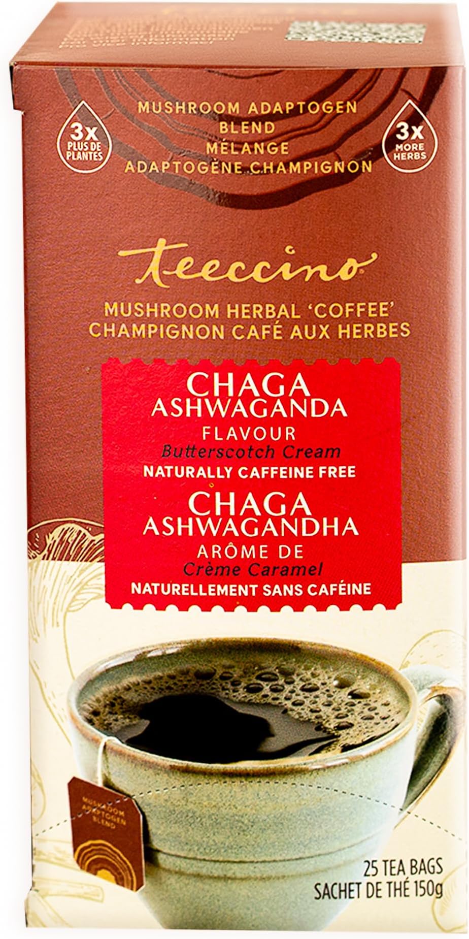 – Chaga Ashwagandha Herbal Tea - Butterscotch Cream, Organic Mushroom Adaptogenic, 3x More Herbs, Prebiotic - 25 Tea Bags