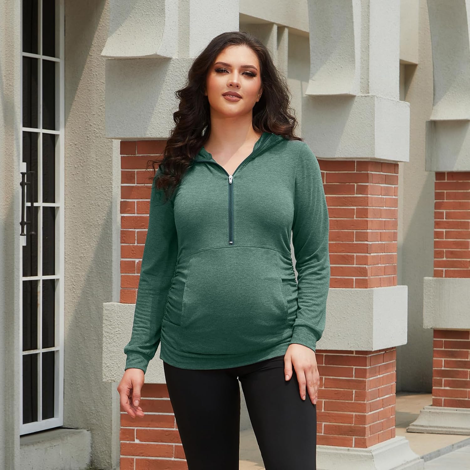 GINKANA Maternity Long Sleeve Hoodie Half Zipper Casual Maternity Tops with Pockets Pregnancy Sweatshirt