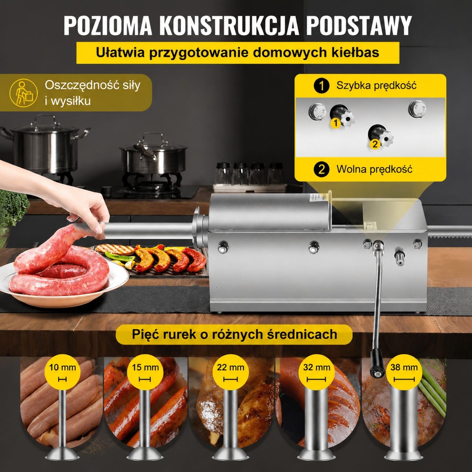 Ręczna pozioma nadziewarka do kiełbas 3 l ze stali nierdzewnej z 5 lejkami do kuchni