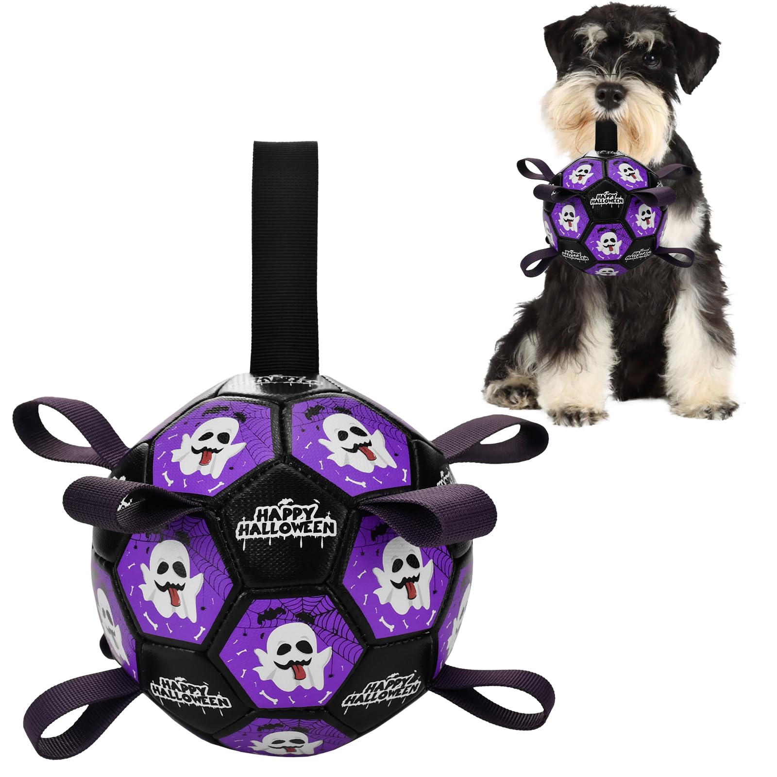 LyssKMK Dog Soccer Toy with Straps Halloween Dog Interactive Ball Toy for Tug of War Halloween Dog Tug Ball Toy with Ghost Pattern for Medium Large Dogs(Number 2)