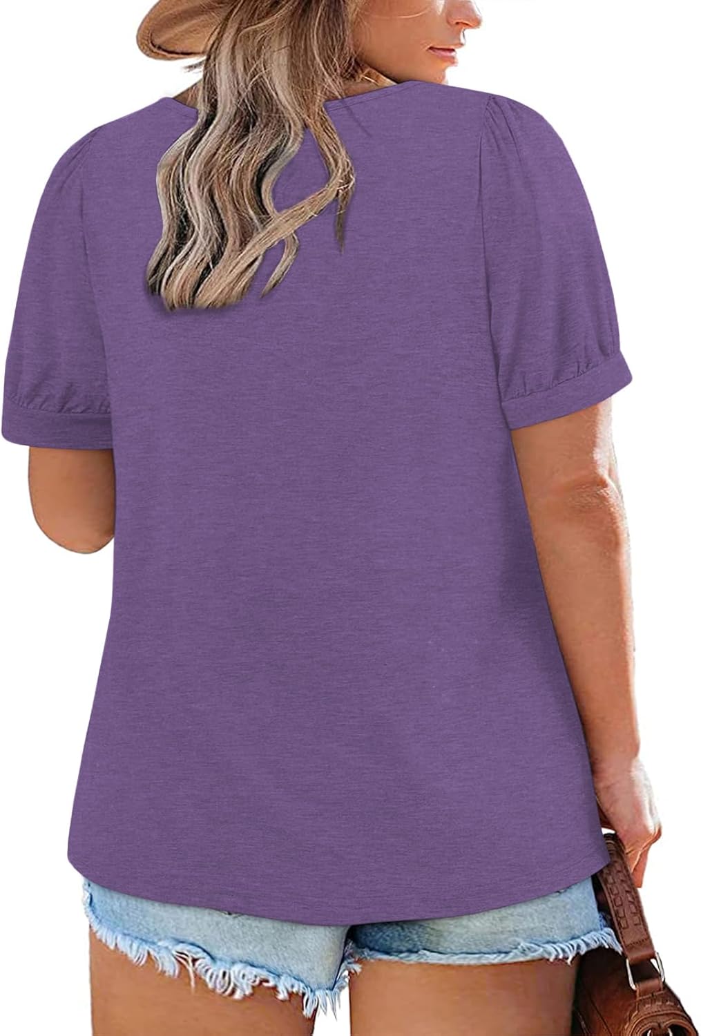 ROSRISS Womens Plus-Size Tops Summer Puff Short Sleeve Scoop Neck Pleated Flowy Shirts - Image 2