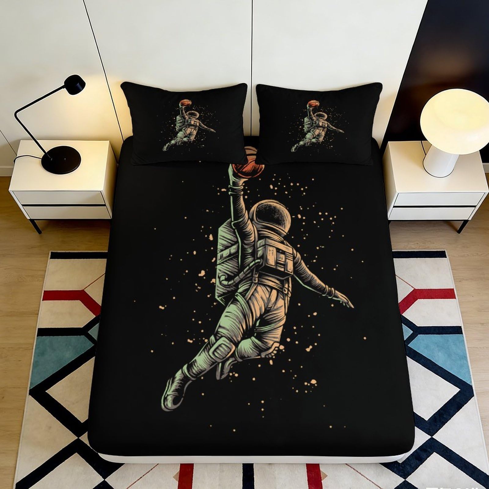 3D Printed Astronaut Fitted Sheet Microfiber Soft Breathable Space Basketball Bed Cover for Bedroom Dormitory Guest Room Mattress Protection Decor 180x200x25cm