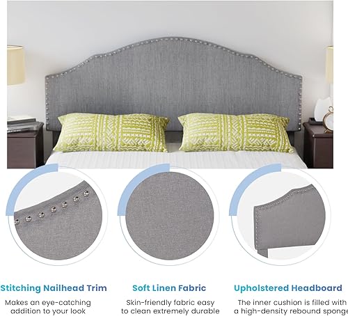 Miniatura 7 de PayLessHere Base de cama tapizada con base de colchón matrimonial con cabecera tapizada de tela y soporte de listones de madera, totalmente