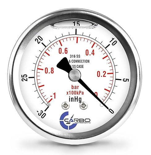 Manómetro de 2 1-2", Todas las piezas mojadas de acero inoxidable, Caso, Conexión, Lleno de líquido, Vacío -30 Hg/0, Montaje trasero 1/4" NPT
