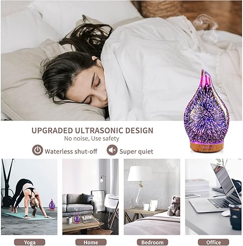 Miniatura 6 de Porseme Difusor de aceite esencial 3D de vidrio de fuegos artificiales humidificador ultrasónico de aromaterapia oro rosa, apagado automático,