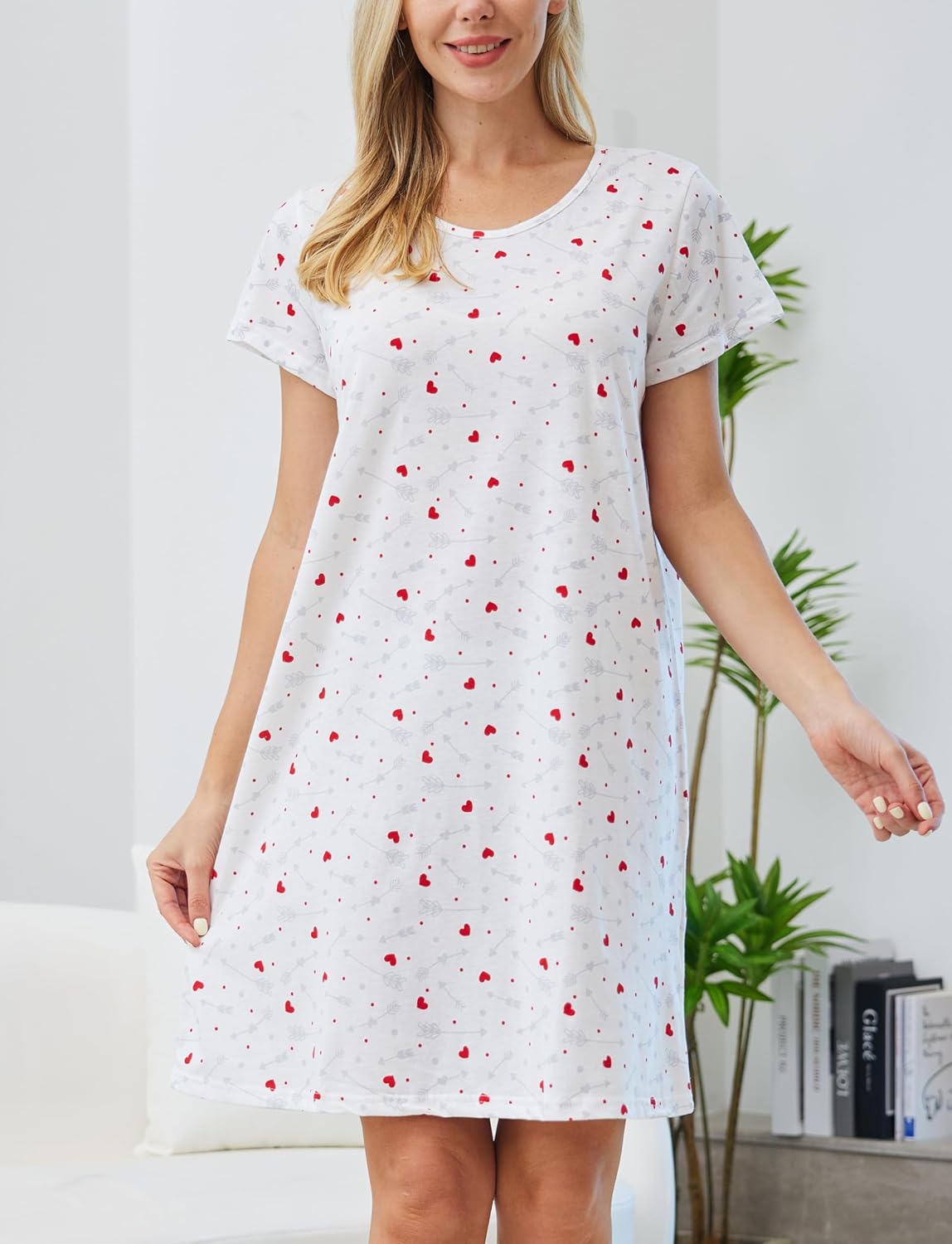 PNAEONG Women's Cotton Nightgown Sleepwear Short Sleeves Shirt Casual Print Sleepdress - Image 2