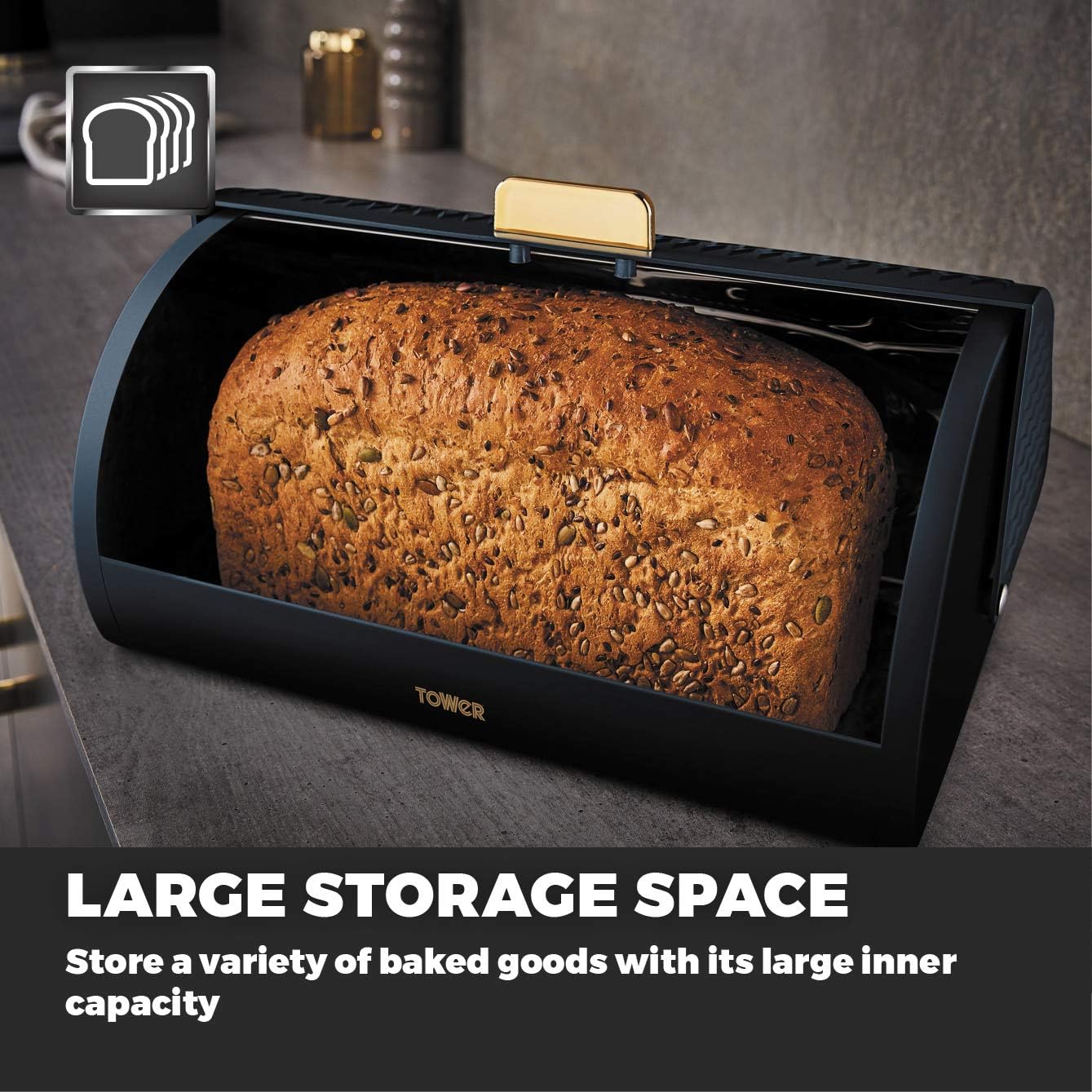 Tower Empire Roll Top Bread Bin, Stainless Steel, Midnight Blue and Brass - Image 5