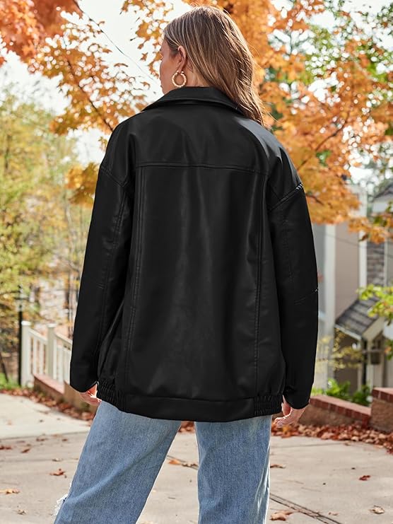 AUTOMET Women's Oversized Faux Leather Jacket Boyfriend Biker Moto Coat Lightweight Fall Bomber Outerwear