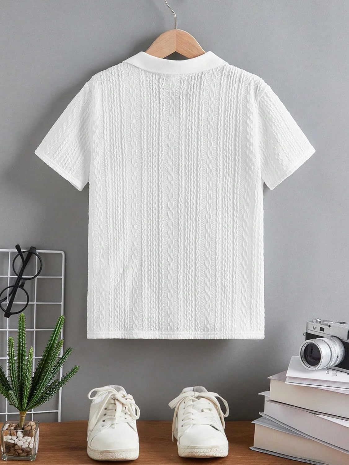 OYOANGLE Boy's Short Sleeve Collar Neck Cable Knitted Solid Plain Golf Uniform Shirt - Image 2