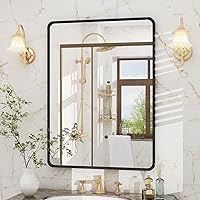 Vista 65 de OKPAL 16x24 Espejo de baño de bronce, espejo de marco de bronce rectangular redondeado, espejo de tocador de baño de bronce cepillado para montar