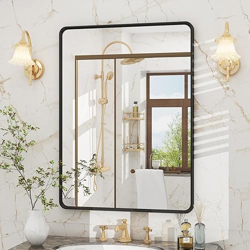 Miniatura 67 de OKPAL Espejo de Baño con Marco de Metal Negro de 40 x 36 Pulgadas para Pared, Espejo de Tocador de Baño Negro Mate, Espejo Rectangular Redondeado