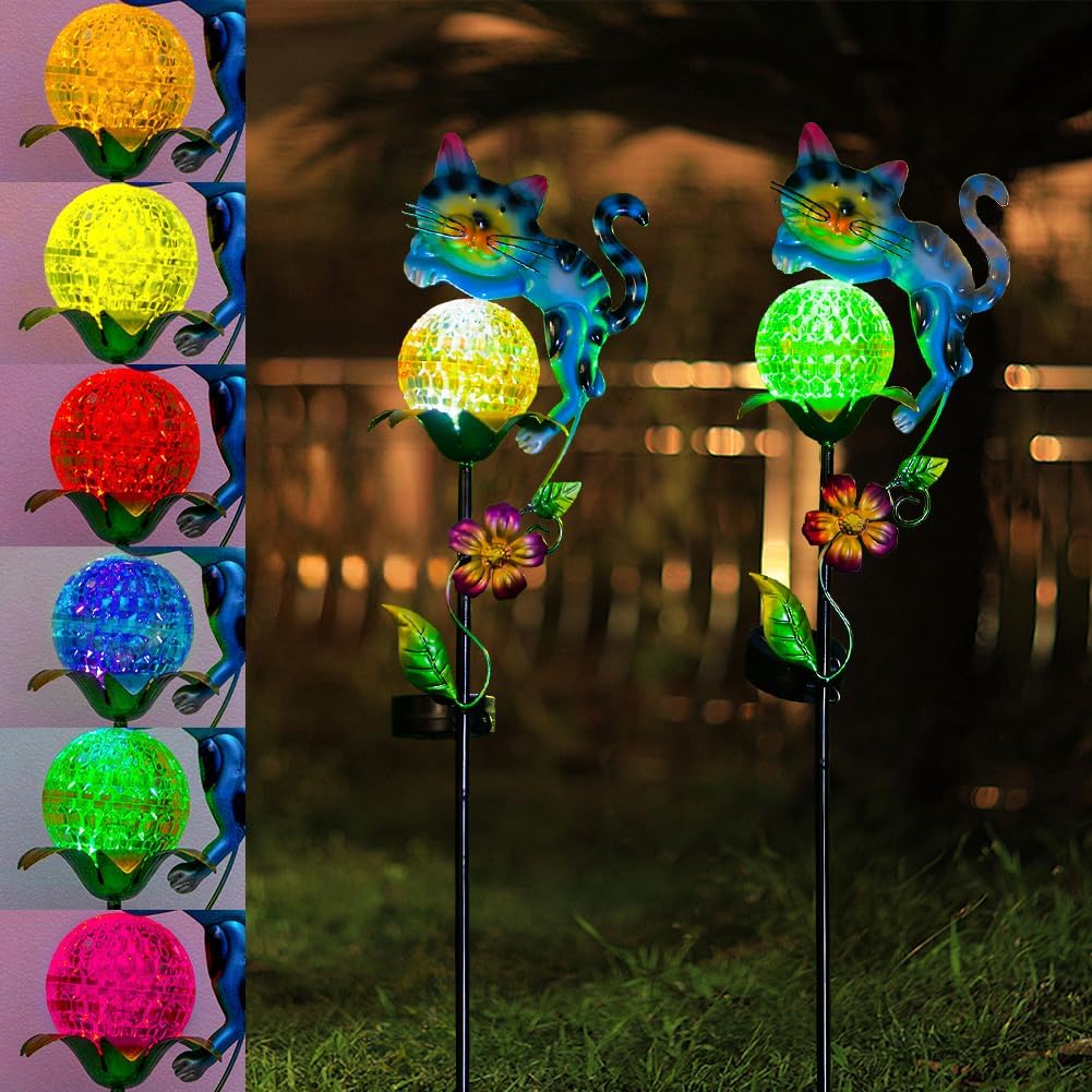 Solar Garden Lights, 2 Pack Cat Solar Lights Outdoor Waterproof Colorful Global Lanscape Lighting, Decorative Metal Yard Art for Pathway, Patio, Lawn
