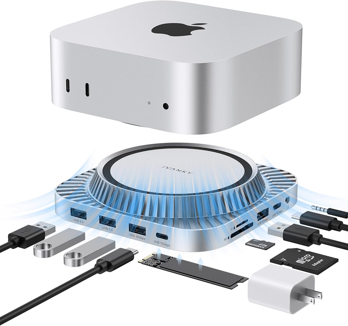 IVANKY 13-in-1 Mac mini M4 &M4 Pro (2024) Dock, Docking Station Stand with M.2 NVMe SSD Enclosure,4K@144Hz HDMI Hub, 10 Gbps USB A *2 +USB C *2, SD/TF, Audio Ports *2, 20W PD Power Adapter *1