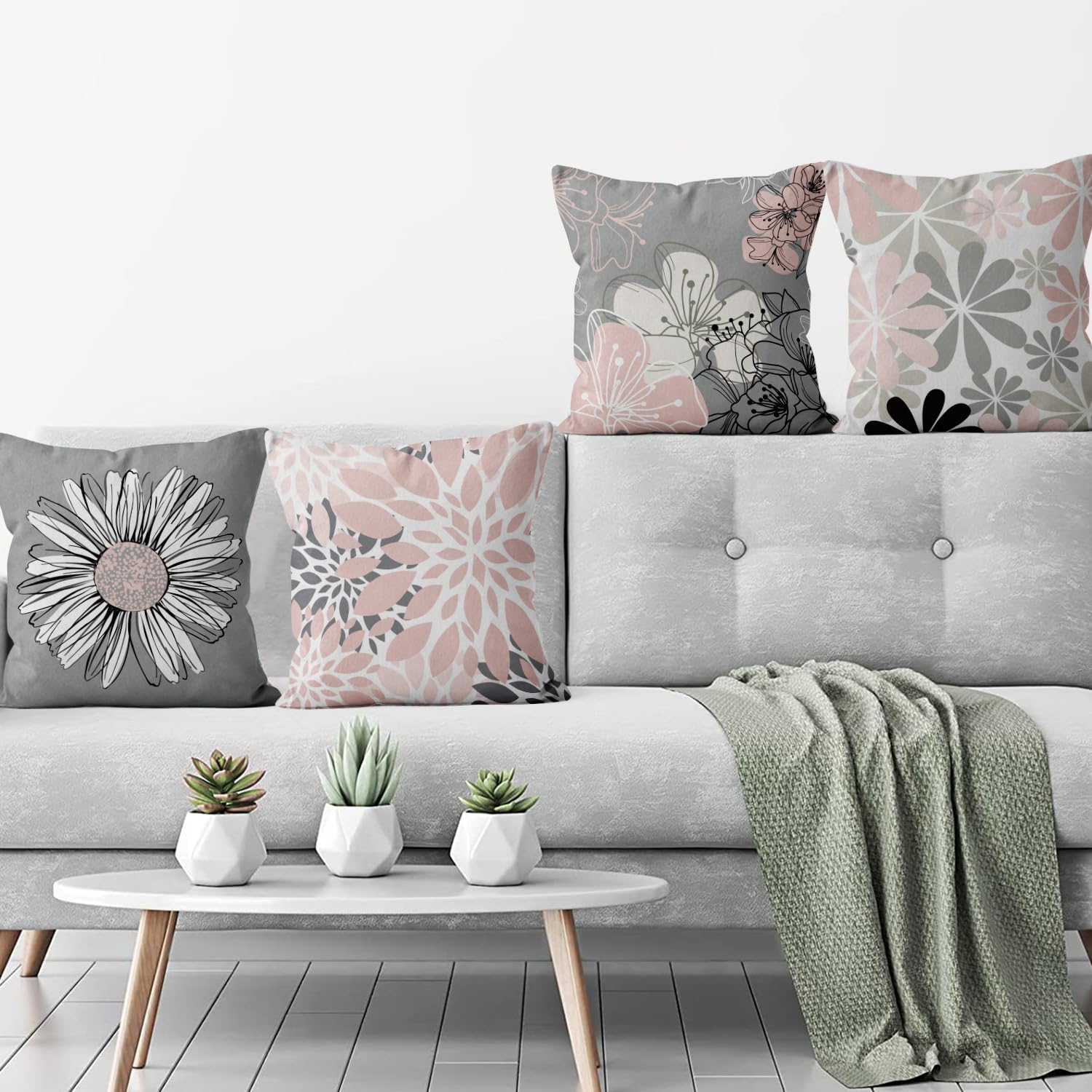 Set Di 4 Federe Per Cuscino Rosa 40x40 Cm: Grigio Motivo Floreale, Simil Lino Per Divano E Esterni