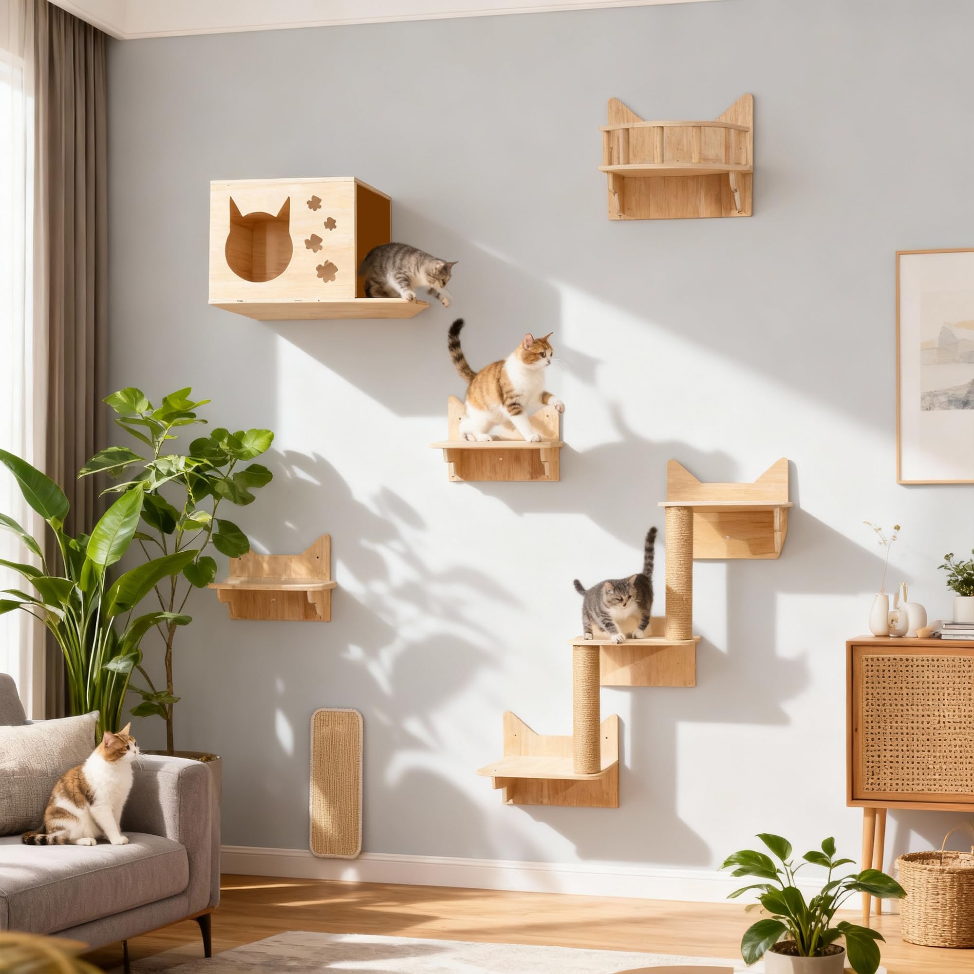 Estantes de Pared para Gatos 6 en 1, con Cueva, Torre hasta 15 kg | Estanterías para Gatos con Plataformas, Poste de Escalada y Rascador, Espacio Vertical con Zonas de Descanso y Áreas de Juego