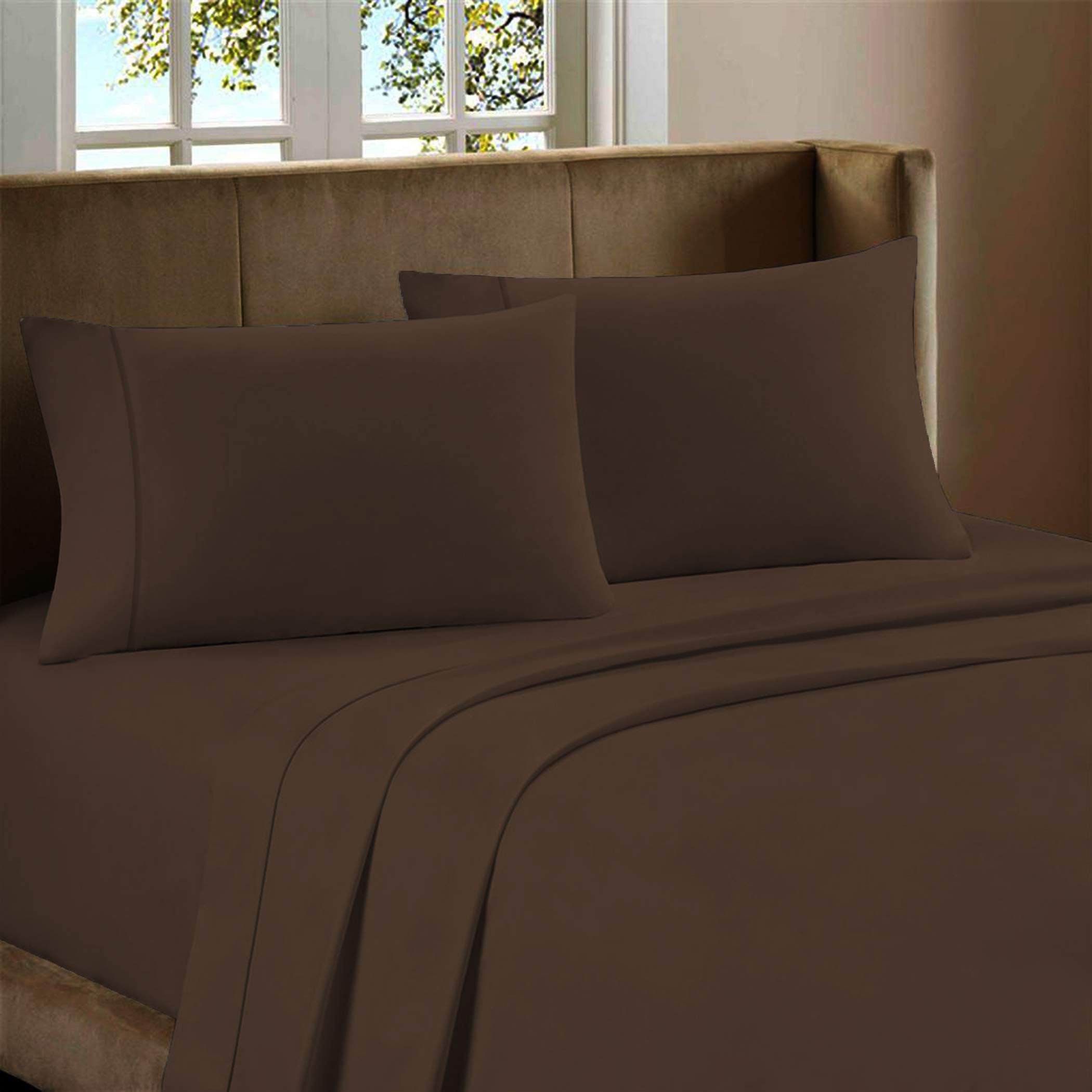 Color Sense 600 Thread Count 100% Long Staple Cotton 4 Piece Bed Sheet Set, Luxury Queen Sheets Sateen Weave, Wrinkle Free, Soft & Silky, Low Pill,Patented Fitted Sheet Fits Upto 18" Deep Pocket,Latte