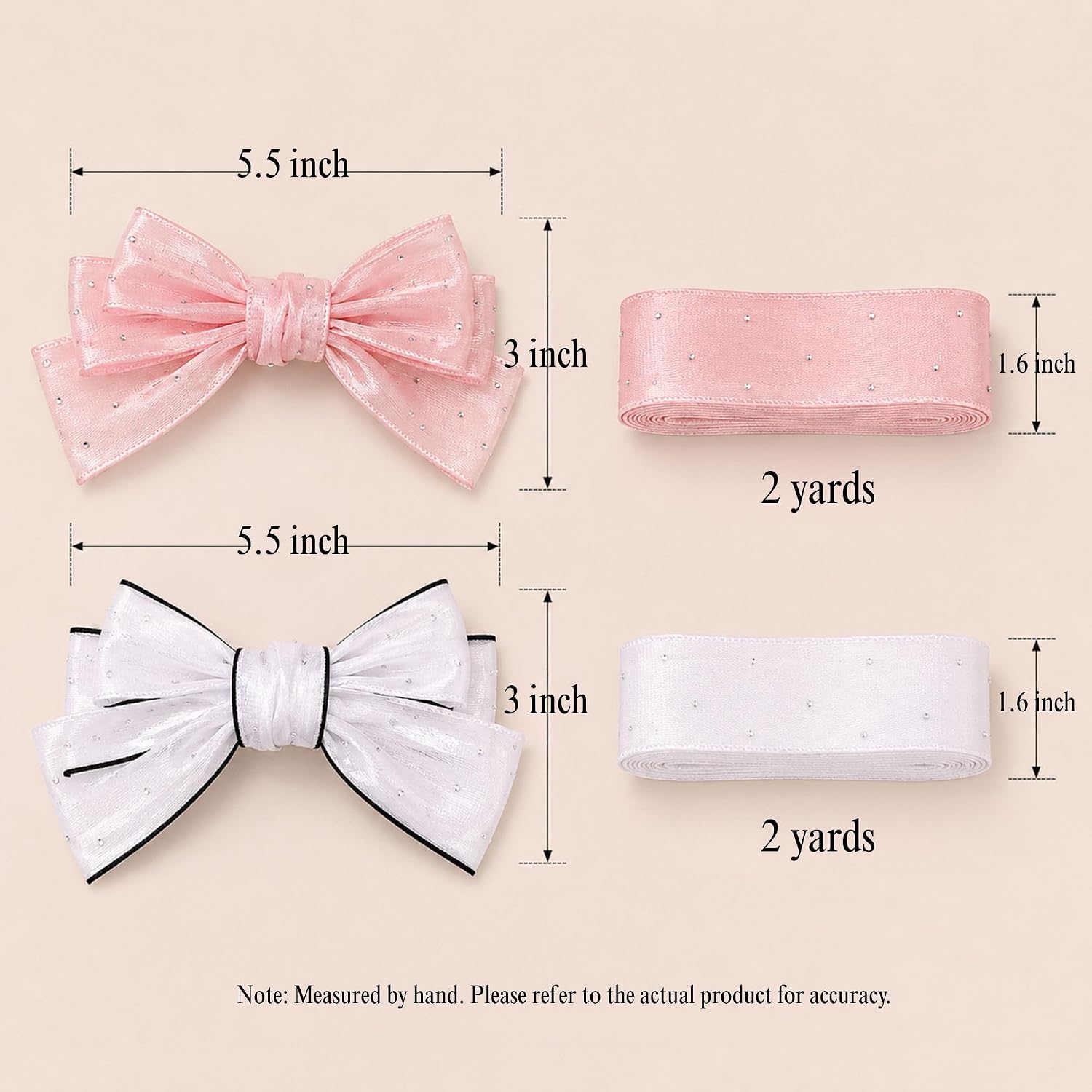 Sheer Glitter Bow Ribbon Set, Pink White | Pre-Tied Organza Ribbon, Ballet Party, Baby Shower, Bouquet Wrapping, Princess Decor