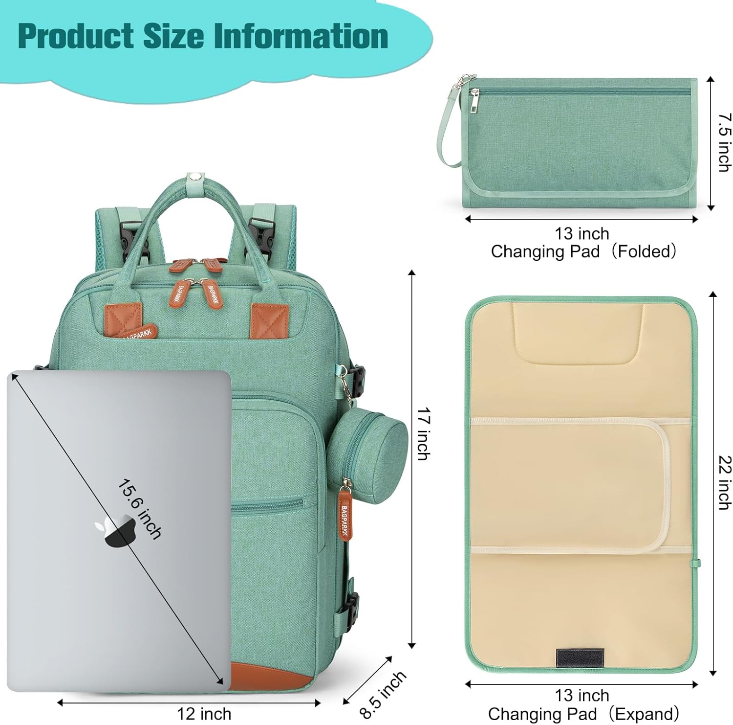 Diaper Bag Backpack,BAGPARKK Multi function Baby Bag with Portable Changing Pad, Pacifier Holder,Waterproof Diaper Bags with USB Charging Port,Anti-Theft Travel Backpack for Mom, Dad, Newborn (Green) image 6 of 7 B0D6RGW5N1