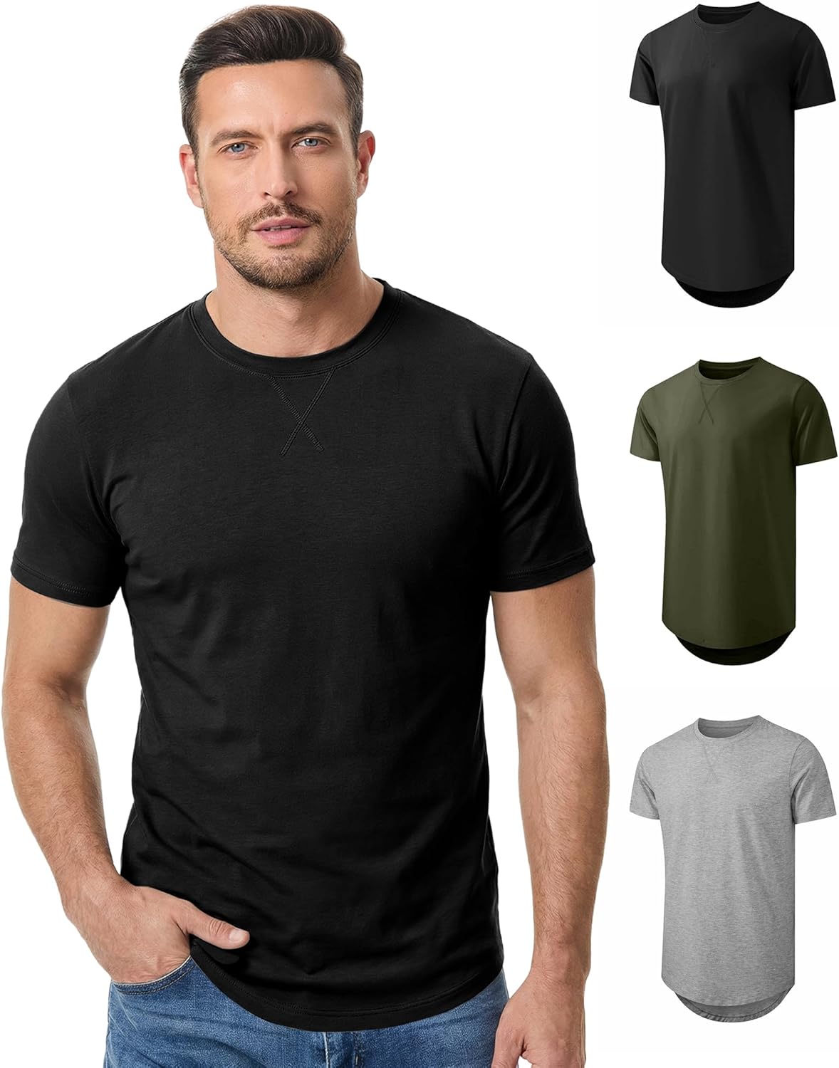 JMIERR Mens T Shirts Cotton Short Sleeve T-Shirts Classic Crewneck Hipster Hip Hop Longline Shirt 1 or 3 Pack - Image 2
