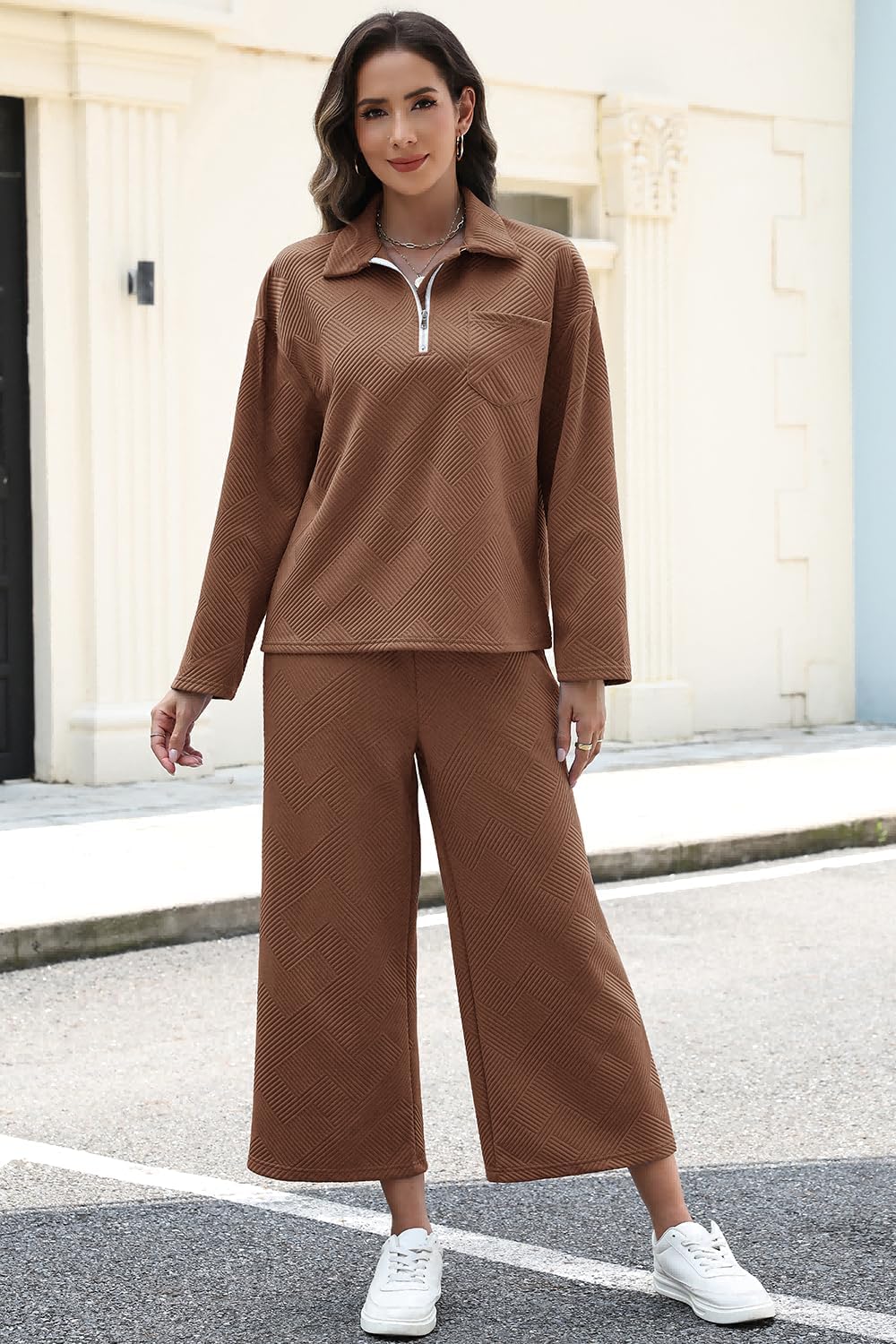 AGSEEM Lounge Sets for Women, Women's 2 Piece Outfits Long Sleeve 1/4 Zip Pullover Cropped Pants 2PC Outfit Comfy Sweatsuits - Image 5