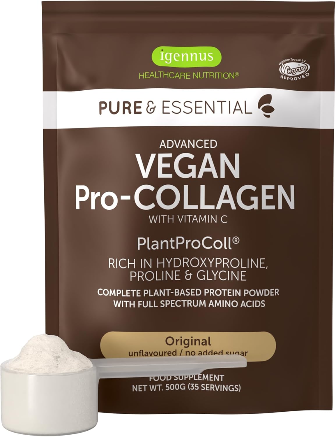 Igennus Vegan Pro-Collagen Protein Powder, Plant-Based Peptide Supplement with Glycine, 21 Amino Acids & Vitamin C, Complete Collagen Boosting Formula, Mix into Drinks or Food, 35 Servings