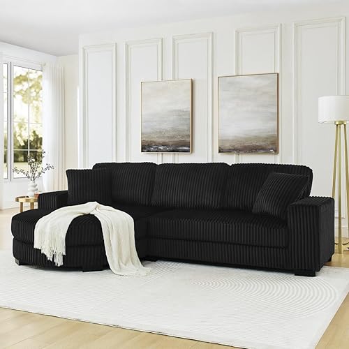 Sofá cama modular en forma de L con almohadas, sofá modular convertible de pana con reposapiés curvado móvil, color negro