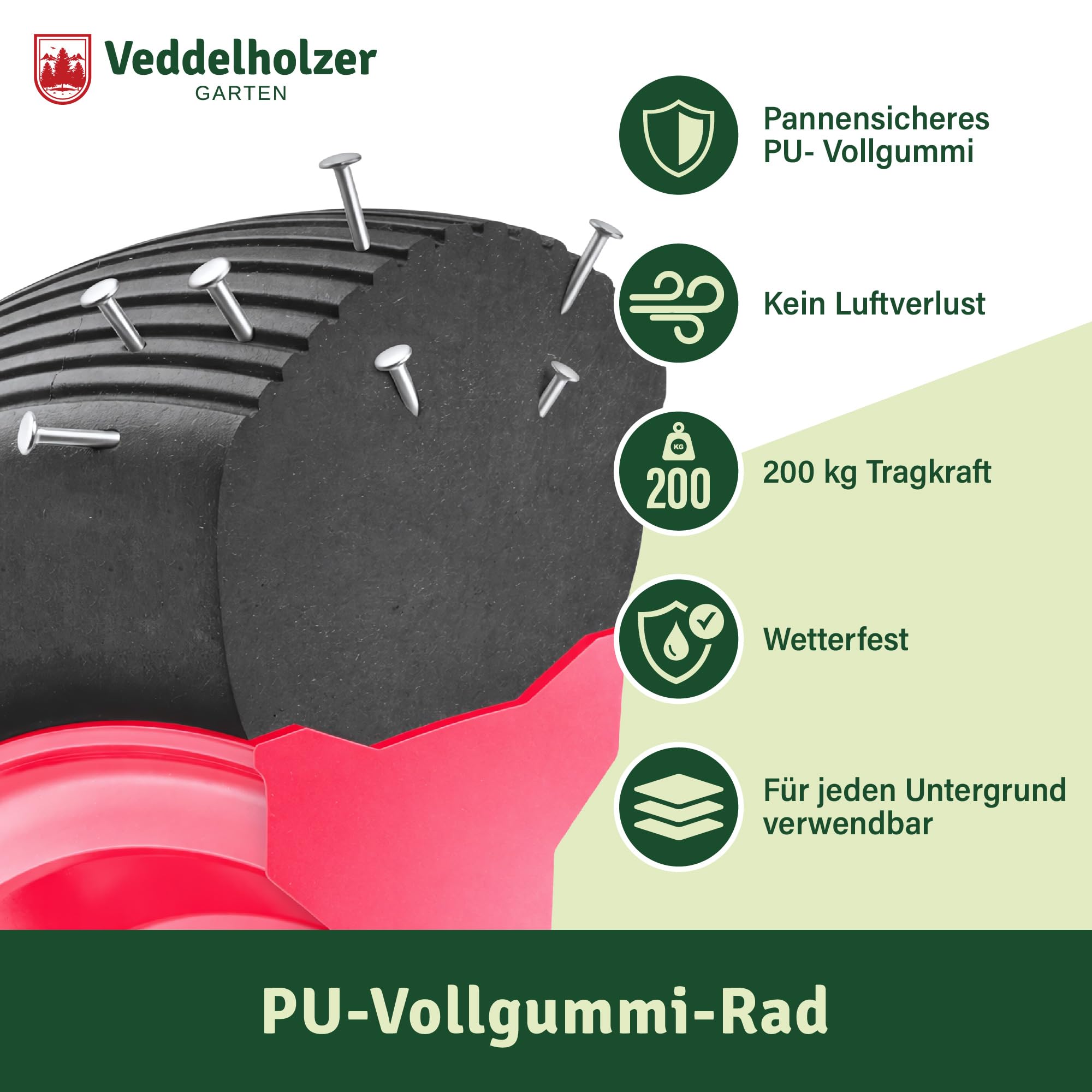 Veddelholzer PU Vollgummi Schubkarrenrad Sackkarrenrad 4.80/4.00-8 auf Stahlfelge Ø 385 inkl. Achse und Montage Verschraubung Traglast 200 kg pannensicheres PU universell einsetzbar