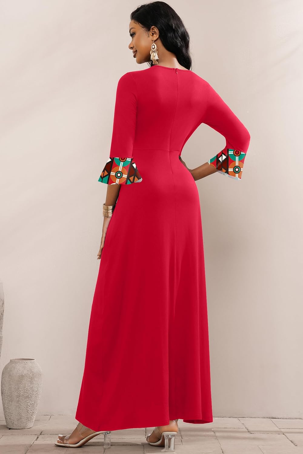 FANDEE Elegant Maxi Long V-Neck Casual Dress for Women, Bell Sleeve African Print Dresses for Cocktail Party（M-3XL） - Image 7