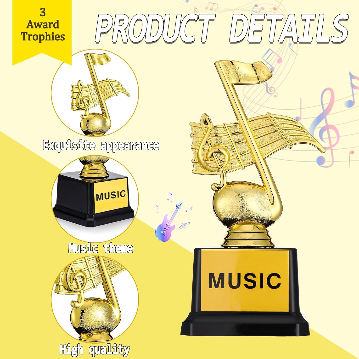Kenning 3 Pcs 6.5" / 8" Reading Music Gold Trophy Bulk with Base Gold Trophy Awards for Team Competition Participation Singing Contests Study Tournament Party Decoration