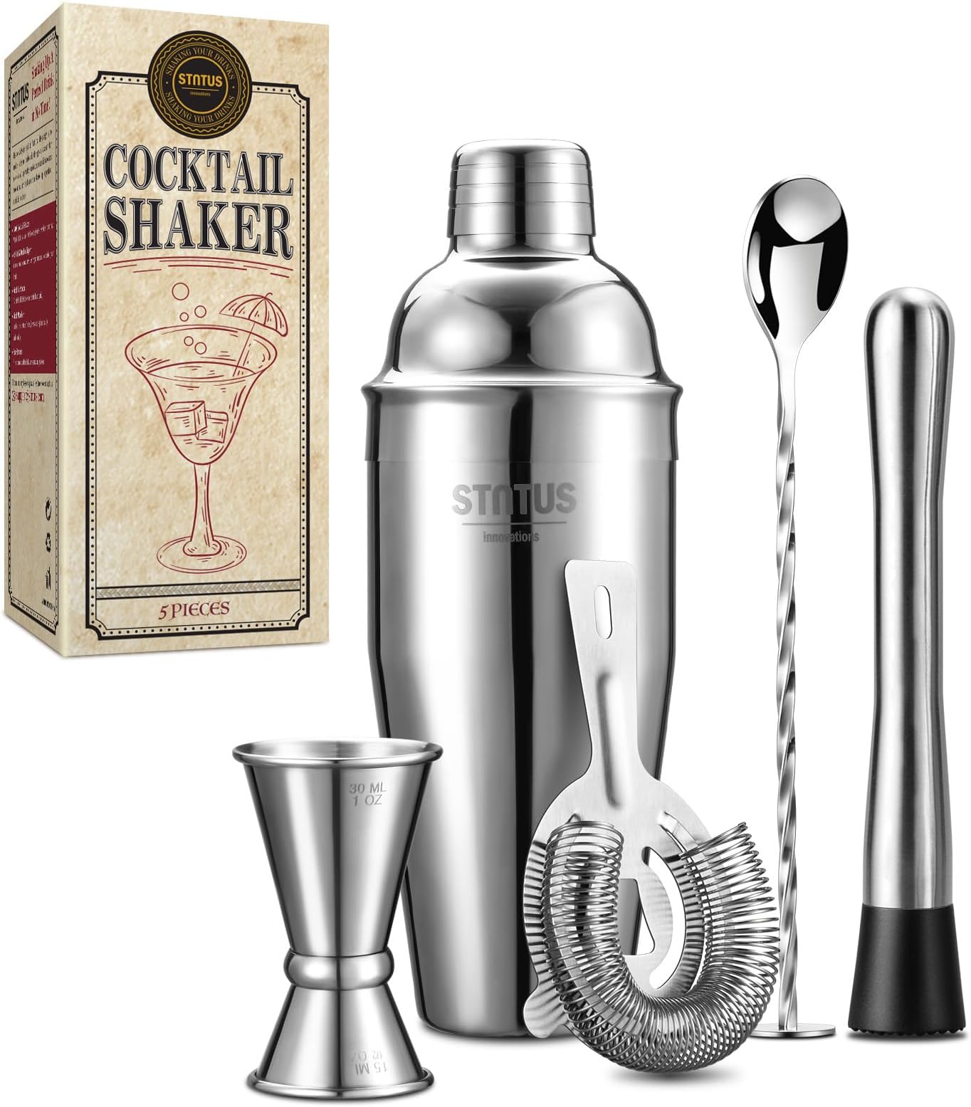 Cocktail Shaker, STNTUS 5 Pieces Cocktail Making Kit, 750 ml Cocktail Shaker Set, Stainless Steel Cocktail Shakers with Strainer, Jigger, Muddle, Bar Spoon, Cocktail Accessories for Drinks