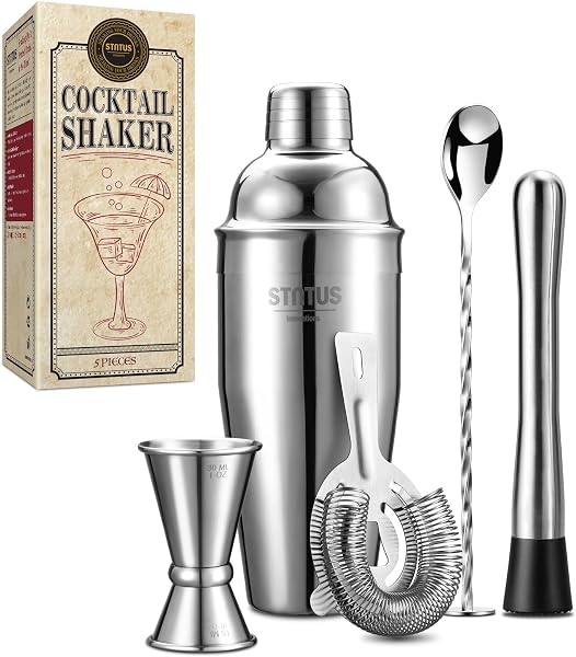 STNTUS 750 ml Shaker da Cocktail in Acciaio Inox, Set da 5 Shaker Professionali con Colino, Misurino, Cucchiaio da Bar, Pestello, Mixer Barman - 1
