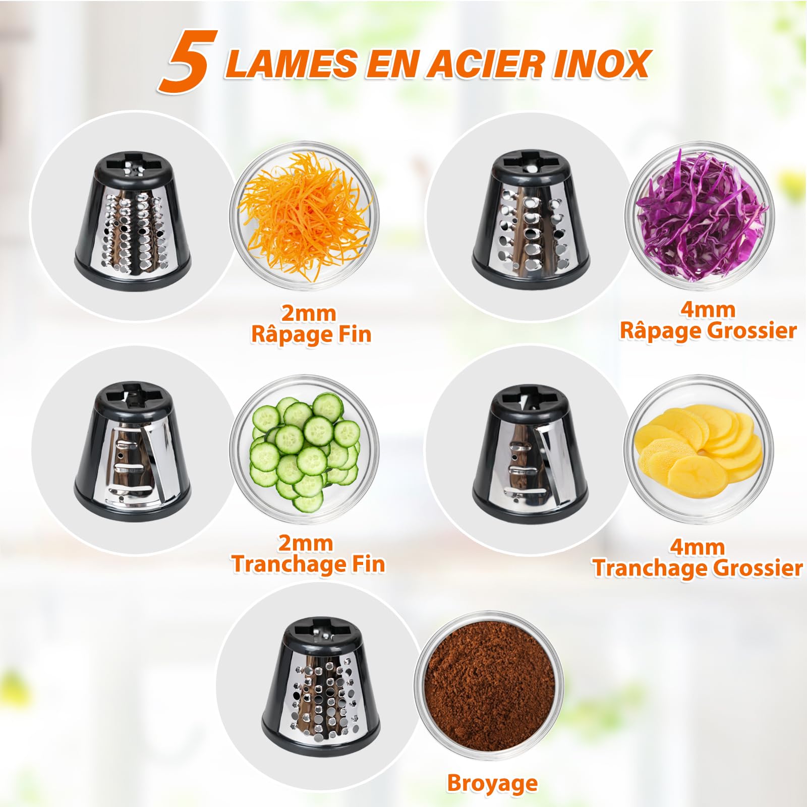 Anatole Coupe Légumes Électrique Rape à Fromage Acier Inox 250W Trancheuse de Légumes Professionnel Rapeuse Carotte Multifonctions Spiraliseur de Cuisine avec 5 Lames 220V Fiche UE