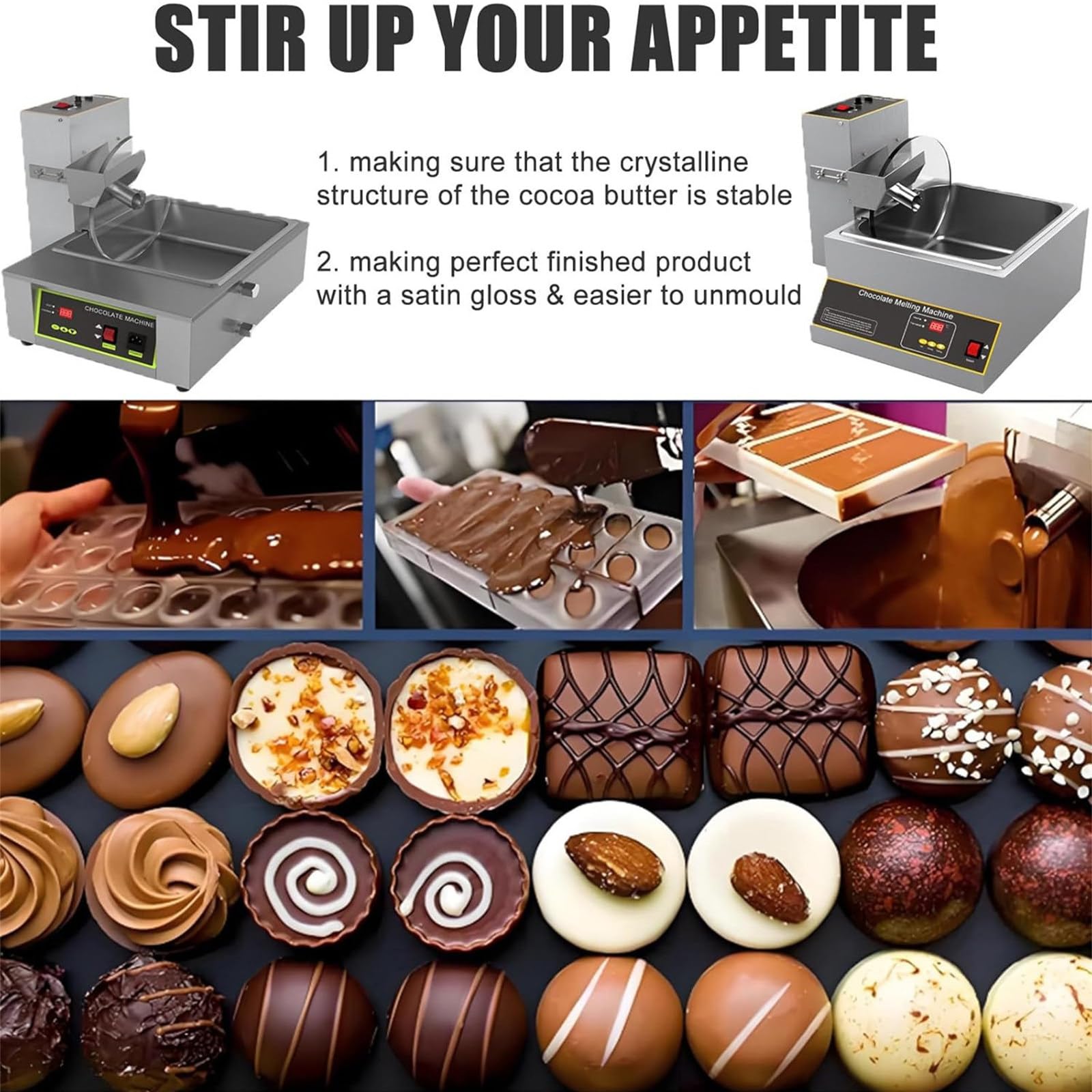 Mélangeur de chocolat en acier inoxydable avec four de fusion – Commandes conviviales, température réglable pour des résultats parfaits de trempage et de revêtement