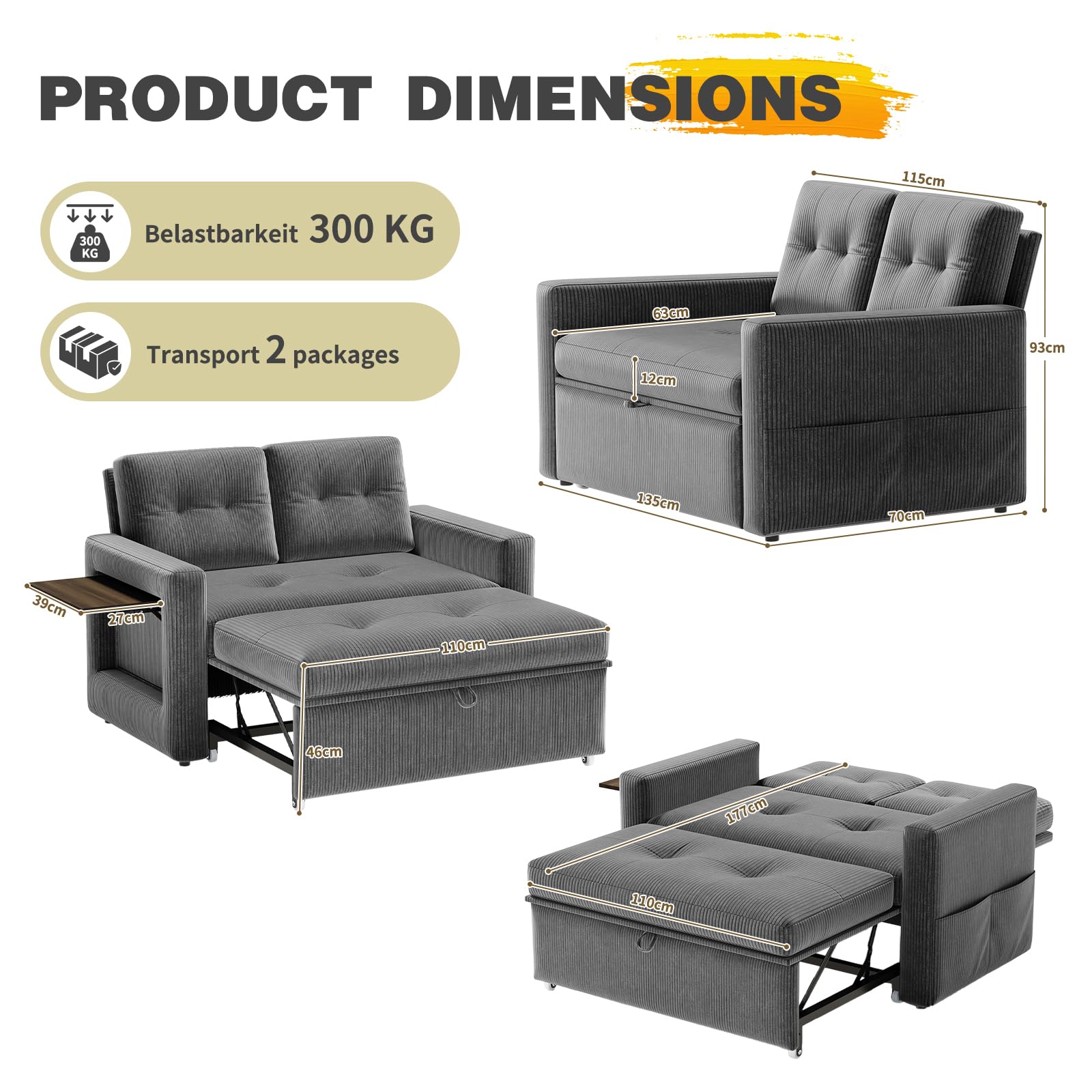 YOUDENOVA Divano letto 3-in-1, Poltrona letto con funzione salotto, Divano relax con schienale regolabile a 5 posizioni, Divano a 2 posti letto con tavolo e tasche laterali, Coste Grigio