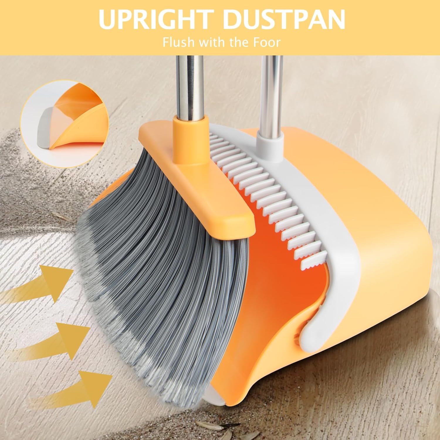 Broom and Dustpan Set, Dustpans with Broom Combo for Home, Heavy Dust Dustpan and Broom Combo, Long Handle Dust Pan and Broom Set for Kitchen, Office, Pet Hair(Gray Yellow) - Image 5
