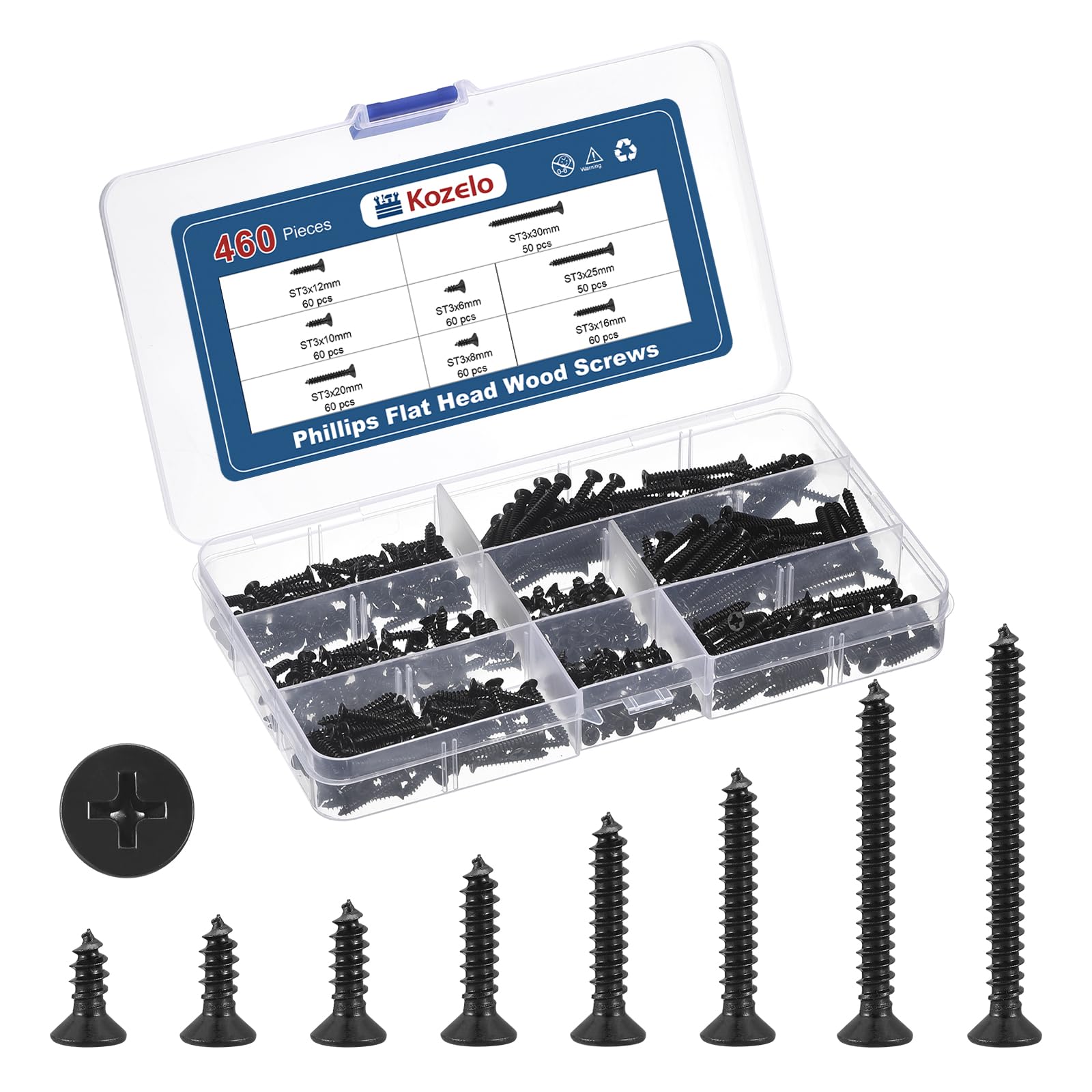 Kozelo 460pcs ST3 Phillips Flat Head Wood Screws Assortment Kit - [ST3x6/8/10/12/16/20/25/30mm] Carbon Steel Countersunk Self Tapping Screws for Wooden, Black — image 1
