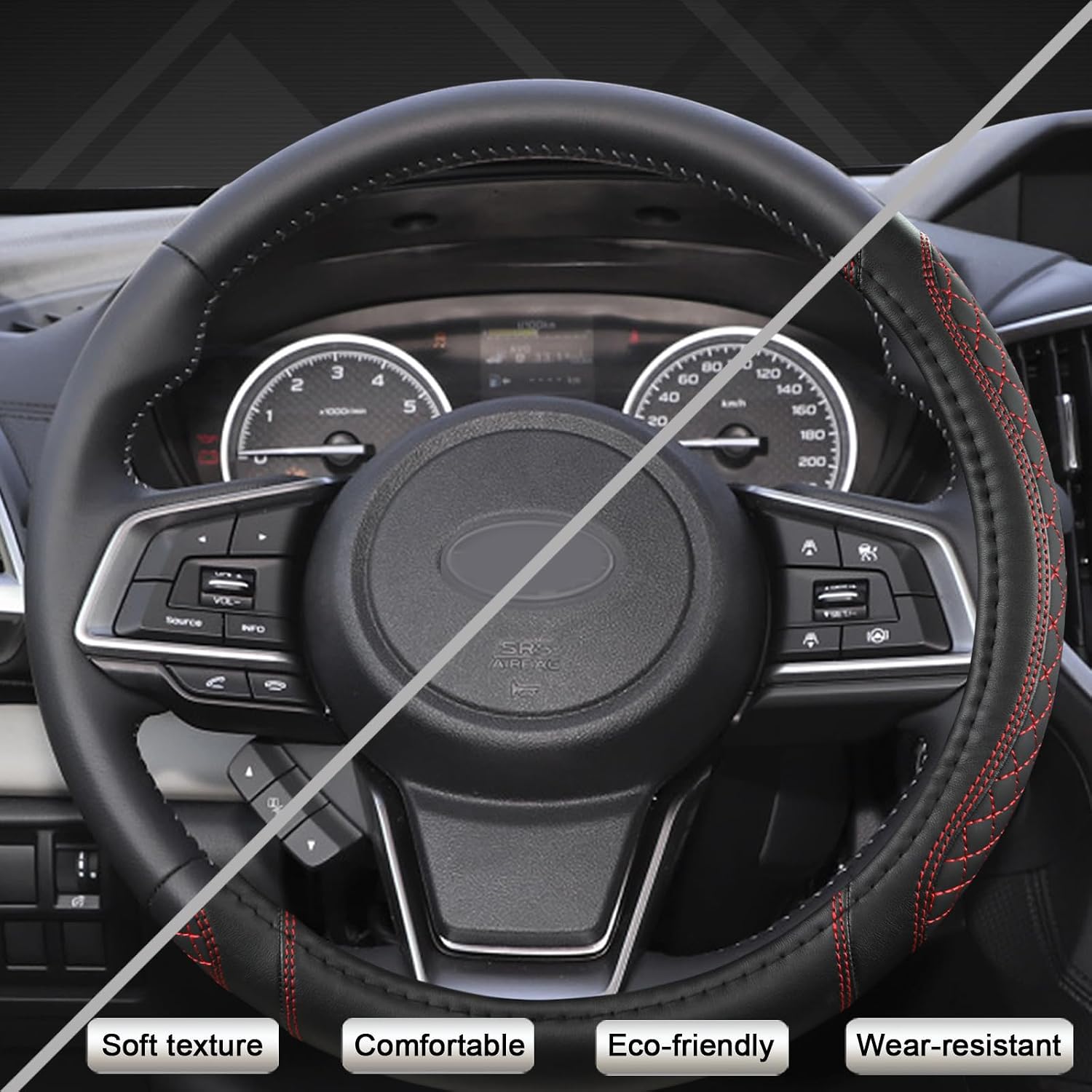 West Llama Customized Auto Car Steering Wheel Cover for Subaru Forester,Outback,Crosstrek,Impreza,Legacy,14.5-15 inch (Diamond Quilted-Black+Red-Standard Size)