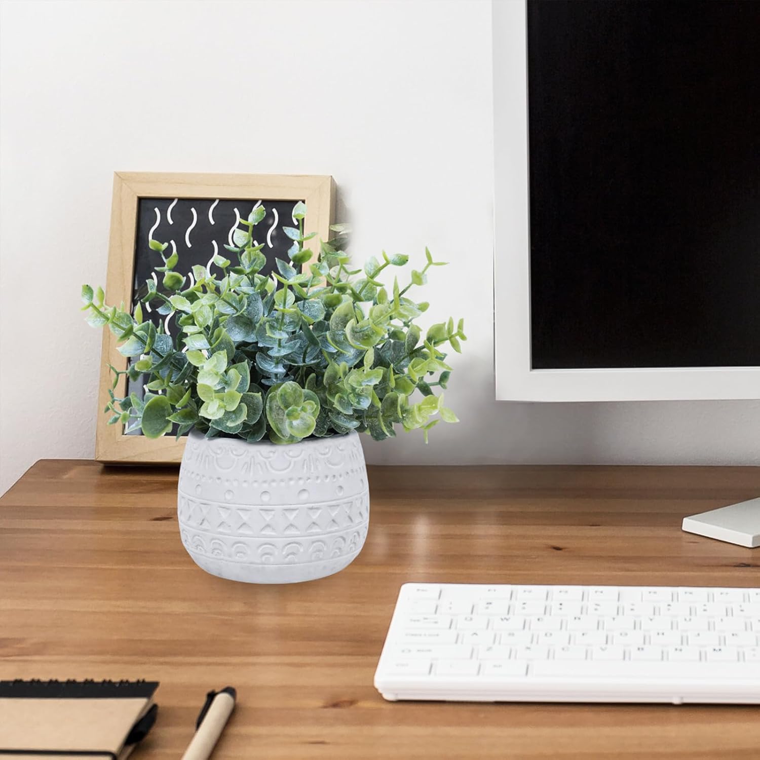 Winlyn Set of 2 Small Artificial Potted Plants Faux Eucalyptus Plant in White Geometric Ceramic Pots Small Desk Potted Plants 7.1" Tall for Home Office Room Decorations Wedding Greenery Centerpiece - Image 7