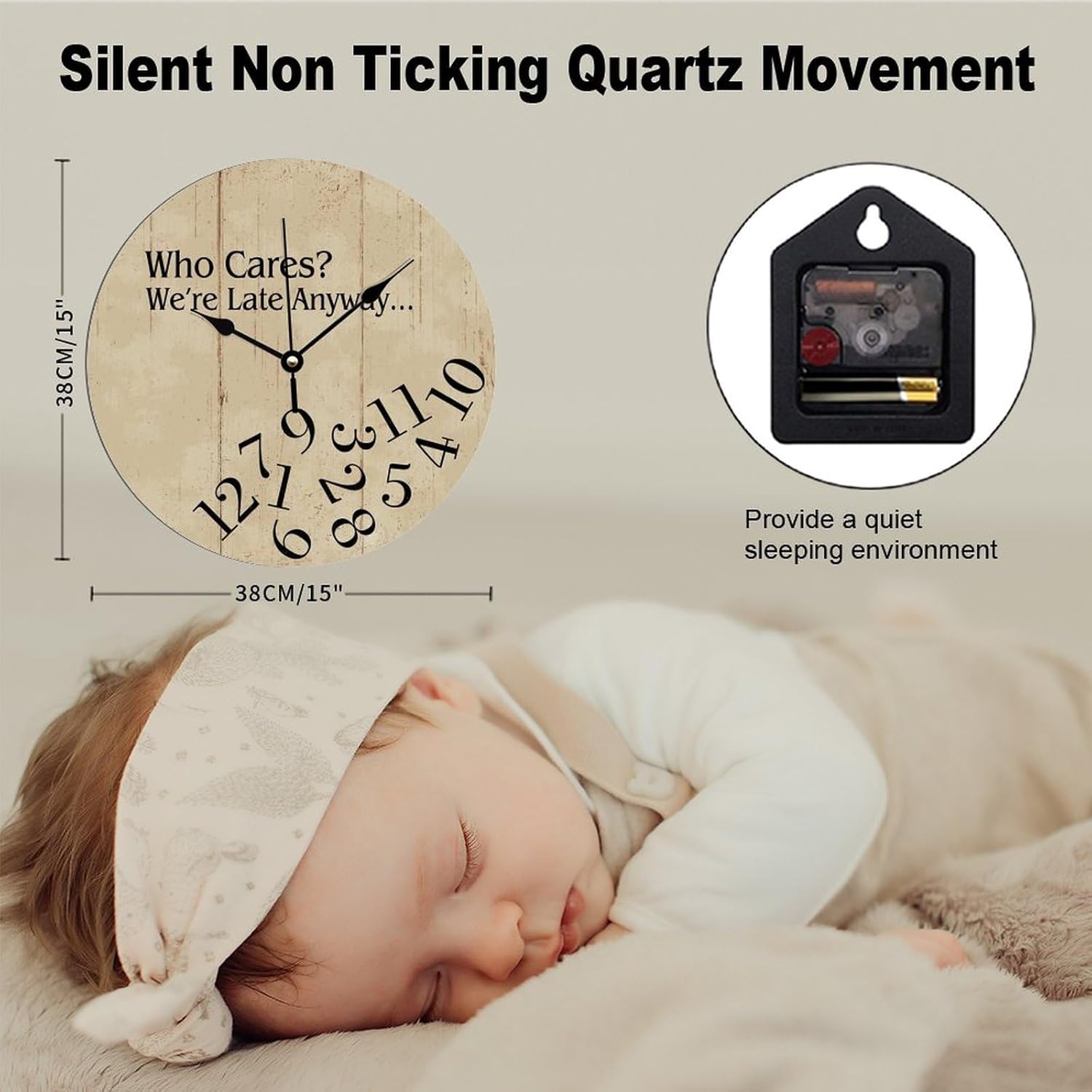 Bedroom Wall Clock Who Cares We're Late Anyway PVC Wall Clock Beige Whatever Non Ticking Wall Clock 15x15 Inch Decorative Kitchen Clocks Wall Battery Operated for Kitchen Office