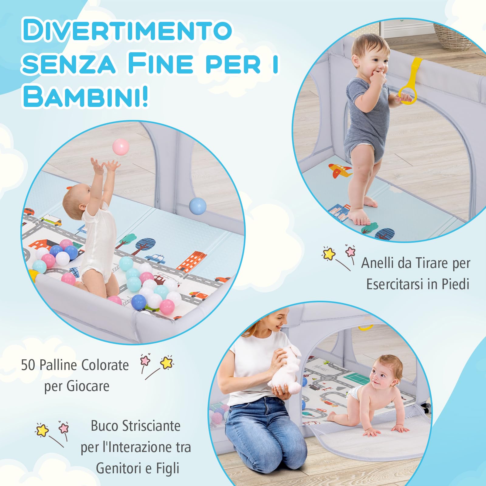 RELAX4LIFE Recinto Bambini 189 x 158 cm con Base a Ventosa, Materassino Pieghevole, Box Giochi, 4 Anelli e 50 Palline, 2 Entrate Laterali, Tasca Portaoggetti e Borsa Trasporto, Rete Traspirante