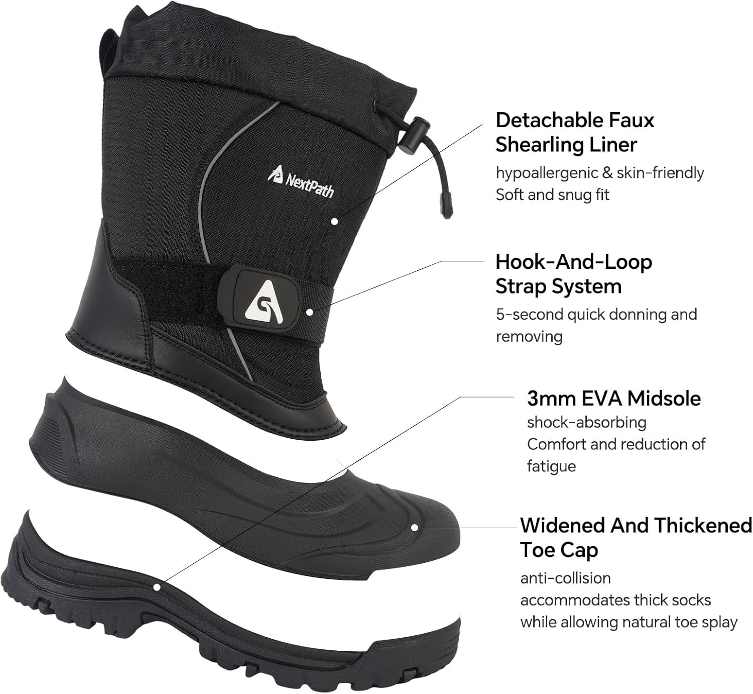 Men's Snow Boots 12/14 inch Snow Boots For Men Waterproof Insulated Mens Winter Work Boots with Removable Liner Black Winter Boots