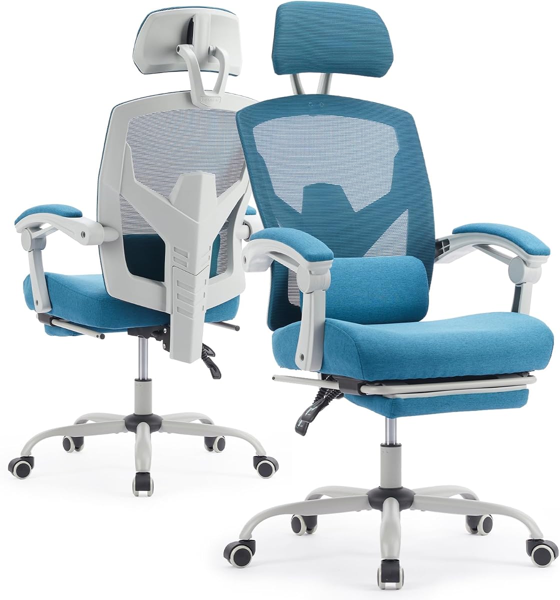 Ergonomic Office Chair with Footrest, High Back Home Desk Computer Chair with Lumbar Support & Headrest, 90-135° Reclining Mesh Back with Wheels for Work, Gaming, Blue