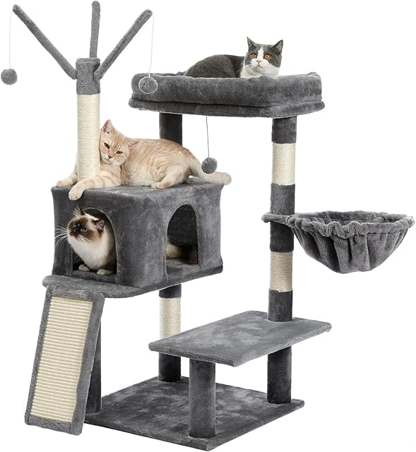 Amazon Brand - Umi Cat Tree for Large Cats with Condo Cat Play Tower Sisal Covered Scratching Post Cat Activity Center with Interactive Toys Grey 48 inches