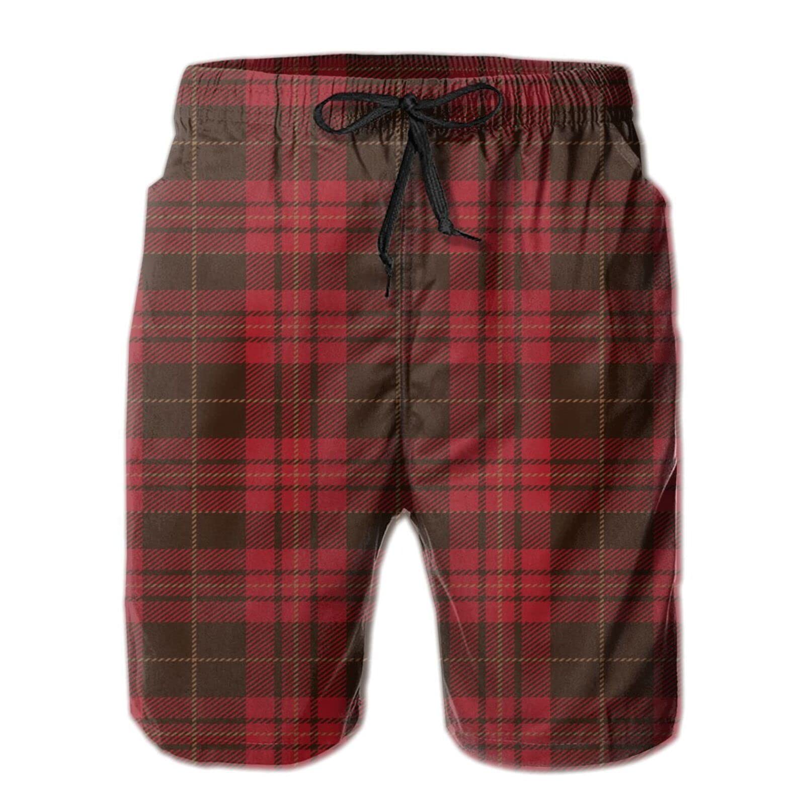 Aooedm Men's As Pic Black Red Tartan Swim Trunks Quick Dry Summer Surf Beach Shorts With Pocket Drawstring